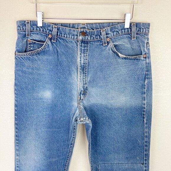 Levis Vintage Orange Tab Big E Straight Leg Size 40 Blue Patchwork 60s Denim - Picture 2 of 12